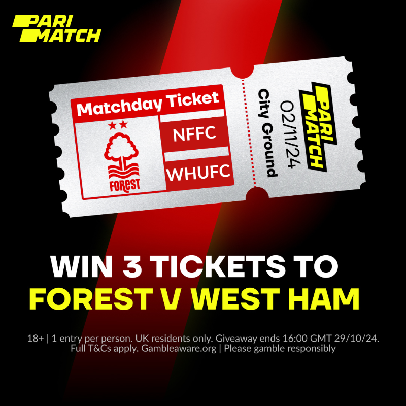 ParimatchUK's tweet photo. Win three tickets to Nottingham Forest v West Ham! 🌳🎟️

To enter:
📲 Follow @ParimatchUK
🔁 Retweet this post

T&amp;Cs apply.

#NFFC