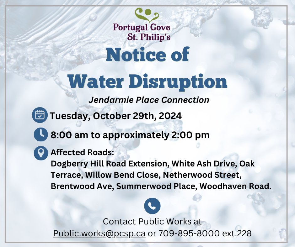 🚨 Water Disruption Notice 🚨

On Tues, Oct 29 (8AM-2PM), water service will be disrupted to connect Jendarmie Place’s new water main. 

Affected Roads:
Dogberry Hill Rd Ext, White Ash Dr, Oak Terrace, Willow Bend Cl, Netherwood St, Brentwood Ave, Summerwood Pl, Woodhaven Rd.