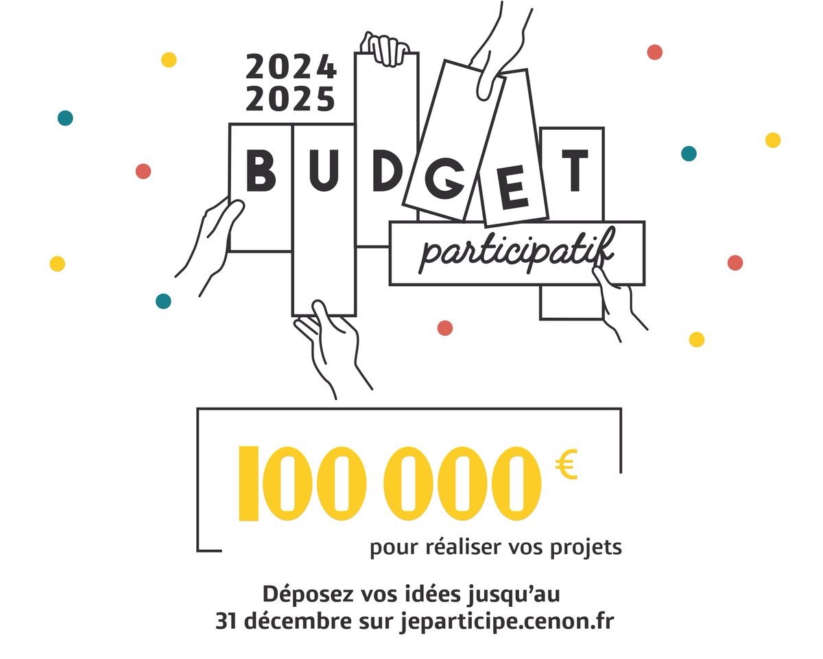 Jusqu'au 31 décembre, avec la deuxième édition du budget participatif, partagez vos idées pour Cenon ! 100 000 euros sont attribués pour réaliser vos projets. 

 Contacts et informations👇 cenon.fr/a-la-une/actua…… 

#vivreacenon #budgetparticipatif