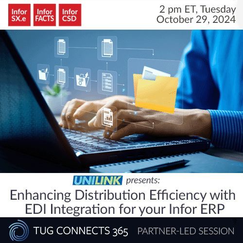 TUGconnects's tweet image. Join us and gain valuable insights and practical strategies to harness EDI as a powerful tool for transforming your distribution processes. Register here: buff.ly/40dURtY 

#InforDistribution
#Distribution
#TC365
#TUGconnects365 
#theUniLinkGroup