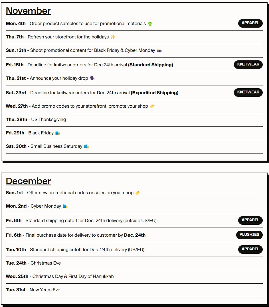 Key dates for @FourthwallHQ merch stores for the upcoming holiday season! Add these to your calendar!

And get $15 in Sample Credit if you sign up for an account right now! tos.gg/fourthwall #ad
