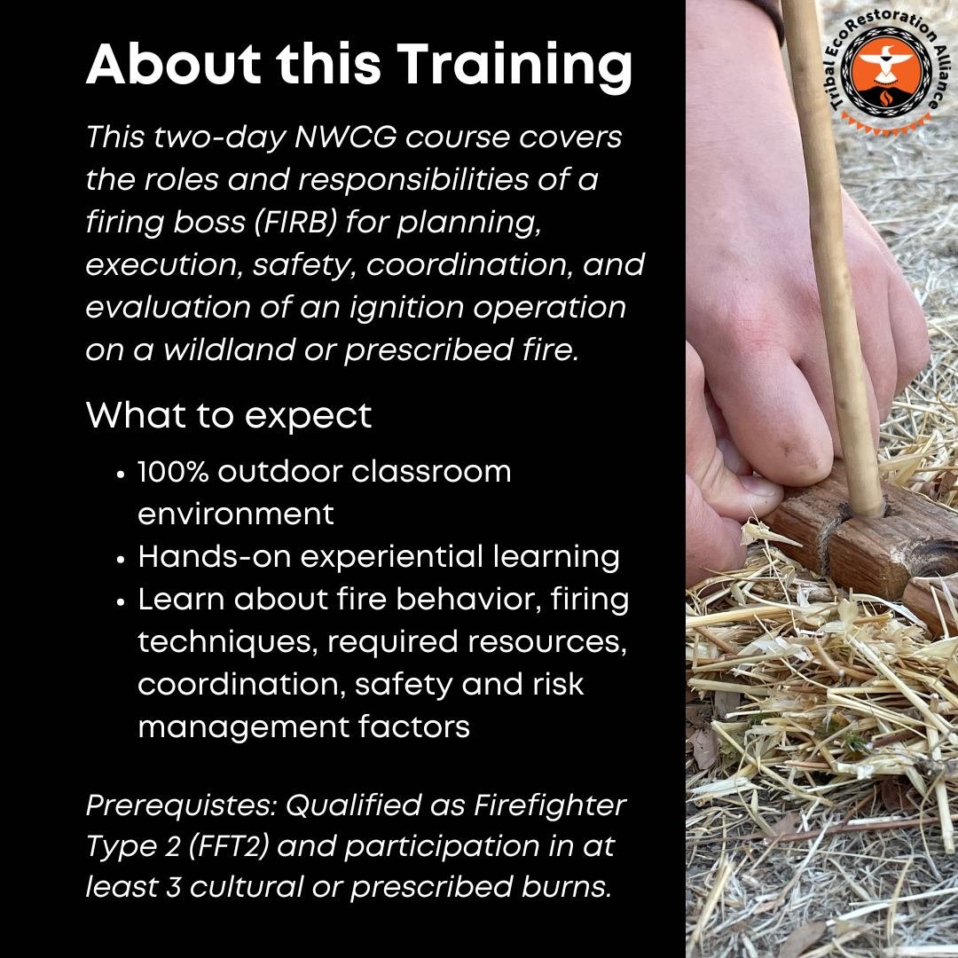 This course includes:
-100% outdoor classroom environment
-Hands-on experiential learning
-Learn about fire behavior, firing techniques, required resources, coordination, safety and risk management factors 2/x