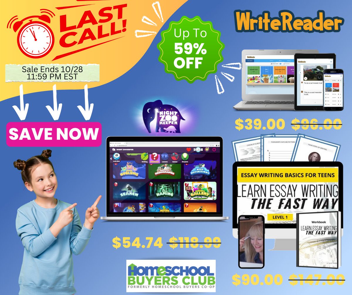 HSBuyersClub's tweet photo. 🚨LAST CALL🚨  Final hours to save BIG on Night Zookeeper, WriteReader, &amp; Learn Essay Writing! Deals end tonight at 11:59 PM EST. 

Save Here 😍👉https://t.co/qqAUTAJpYS https://t.co/Qr0q7nFseI