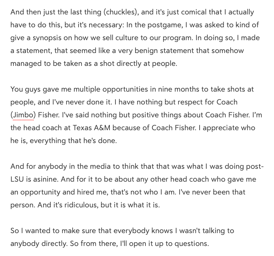 skhanjr's tweet photo. Texas A&amp;M coach Mike Elko took time at the end of his opening statement today to clarify his "politician" comment from Saturday night after the win over LSU.

Here's the full quote: https://t.co/AS9ldlKCXw