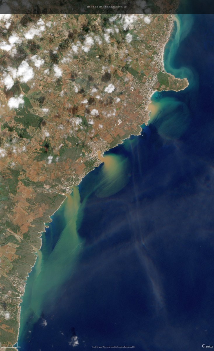 UEspai's tweet photo. Les pluges d'aquesta matinada han deixat un estol de plomes de sediment entre s'Illot i cala Magraner. Terra endins, alguns sementers encara resten embassats, com es veu a la imatge d'Ariany. Podeu cercar altres exemples a https://t.co/hqHOVn6uC8  i a https://t.co/kPne2mlAKI https://t.co/anHXLi4Fg0