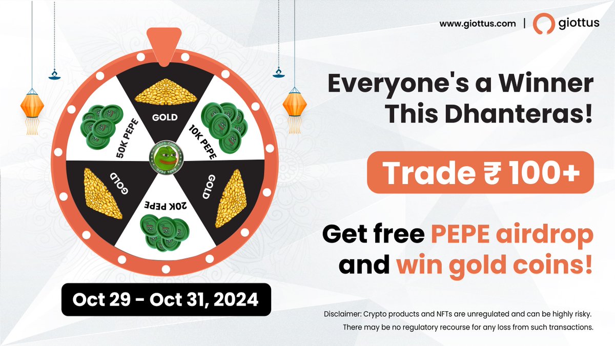 giottus's tweet photo. 🚀 Get ready for an exciting Dhanteras with Giottus! 

Starting in 2 hours (12:00 AM, October 29), trade ₹100 or more and stand a chance to win GOLD COINS daily and earn a share from a 3 crore PEPE token airdrop! 🎉

👉 Campaign dates: October 29 - 31
👉 Start time: 12:00 AM midnight (29 Oct)

Read more here:  https://t.co/1adD66xlLp 

 #Dhanteras #Diwali #PEPE #Crypto #Giottus