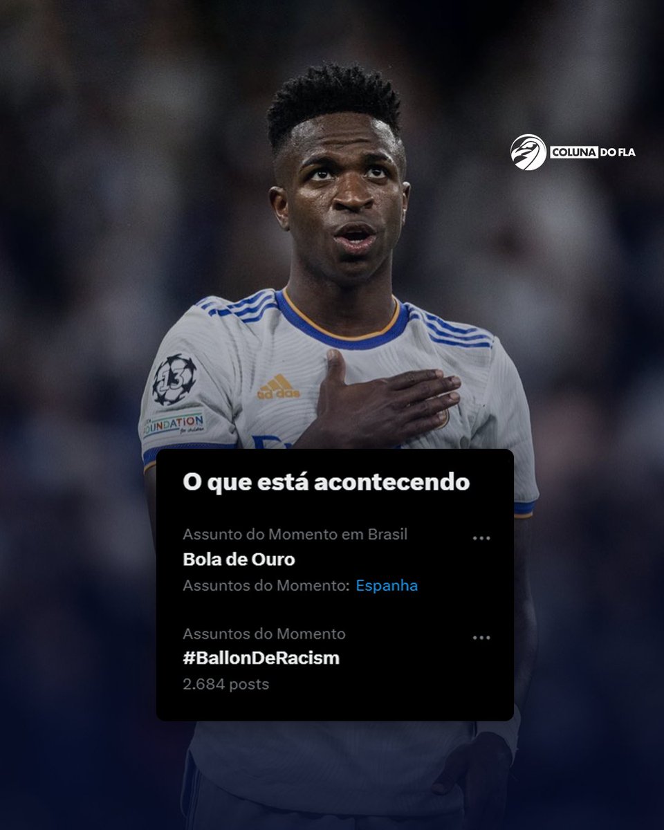 😤 Torcedores do Real Madrid e de outros clubes do futebol mundial transformaram a hashtag #BallondeRacism (Bola do Racismo) como um dos assuntos mais comentados nas redes sociais.

A revolta é grande por Vinicius Junior não ganhar o prêmio de melhor jogador do mundo.