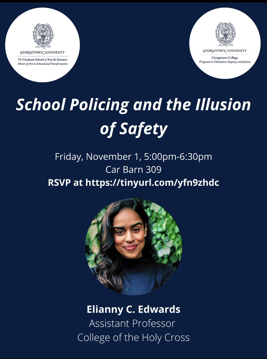 Elianny Edwards, PhD (@eliannyedwards) on Twitter photo So excited to spend my Friday evening <a href="/Georgetown/">Georgetown University</a>. This event is open to the public, please RSVP and join us for some critical discourse on school policing and safety. So excited to spend my Friday evening <a href="/Georgetown/">Georgetown University</a>. This event is open to the public, please RSVP and join us for some critical discourse on school policing and safety.