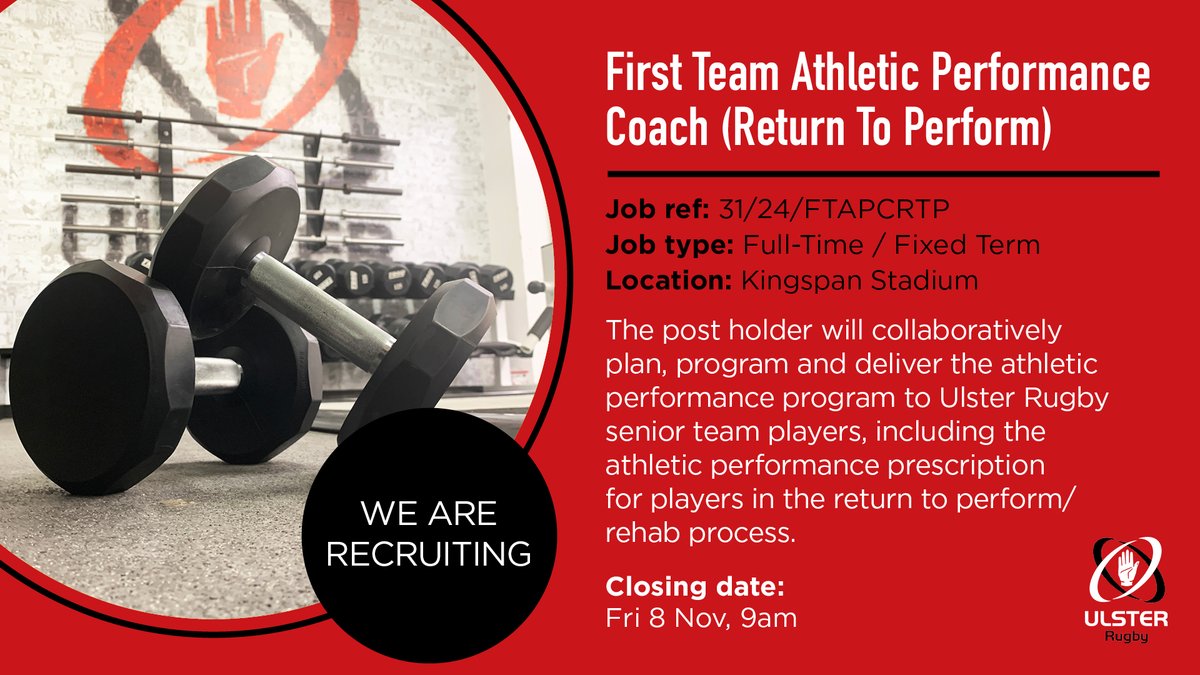 Exciting opportunity 🚨 

We are hiring a First Team AP coach to help deliver tailored programmes for our players 🏋‍♂️ 

If you would be interested in this unique role, you can submit an application by following the link below ⬇️ 
ulsterrugby.getgotjobs.co.uk/registerJob/ac…