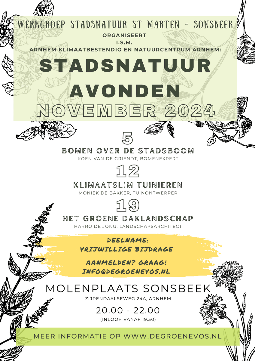 Kom naar de Stadsnatuur-avonden en leer over stadsbomen, #klimaatslim tuinieren en groene daken.

Bomenexpert Koen van de Griendt, tuinontwerper Moniek de Bakker en landschapsarchitect Harro de Jong delen hun kennis. Worden jouw tuin, straat en dak ook #natuurvriendelijk? 🌳🌺🐝