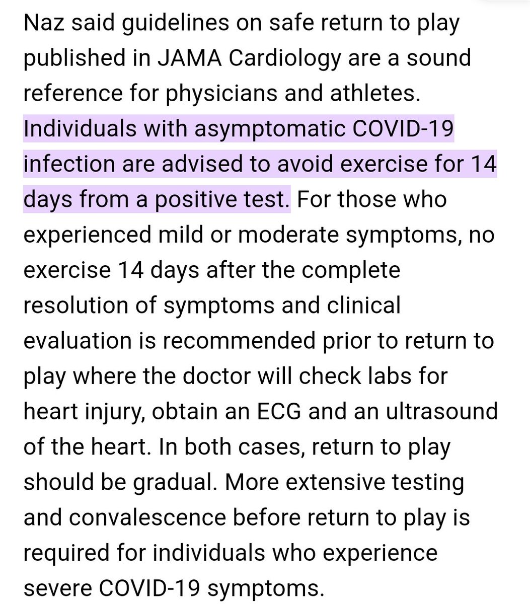 Taking a look at just the heart, JAMA cardiology recommends waiting 14 days post asymptomatic infection.

Post 14 days  cessation of symptoms.  And then you are to get a full cardio checkup.

And that is just the heart.

More to come (mtc).

vcuhealth.org/pauley-heart-c….