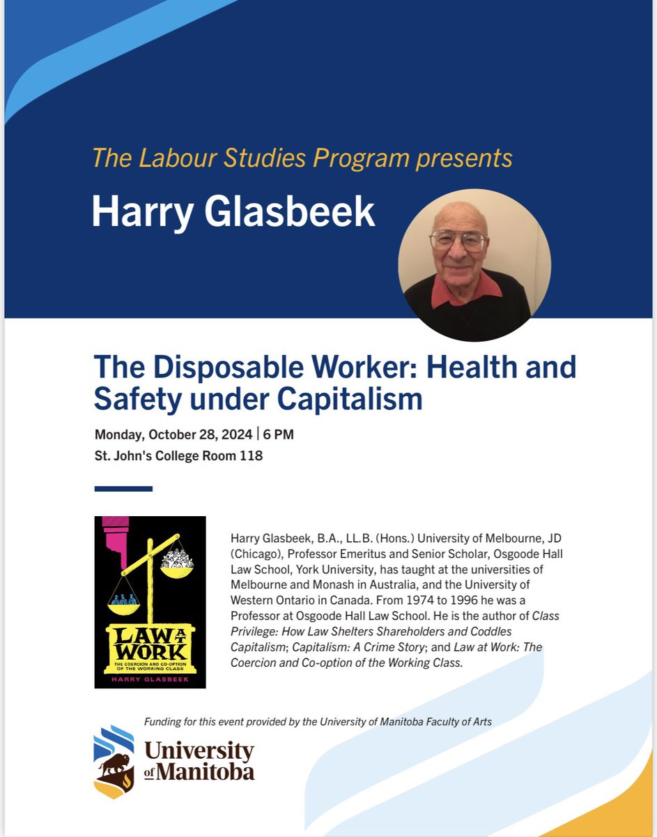 Join us in welcoming Harry Glasbeek to U of M tonight! Free event, open to all!
