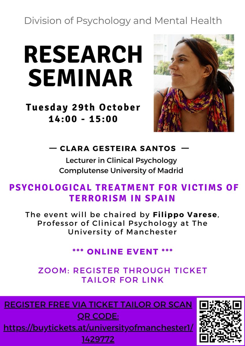 There's still time to register for our seminar tomorrow? Clara Gesteira Santos from Complutense University of Madrid  is presenting on 'Psychological treatment for victims of terrorism in Spain'  
📅29th October, 14:00-15:00 Chaired by Prof Filippo Varese tickettailor.com/events/univers…