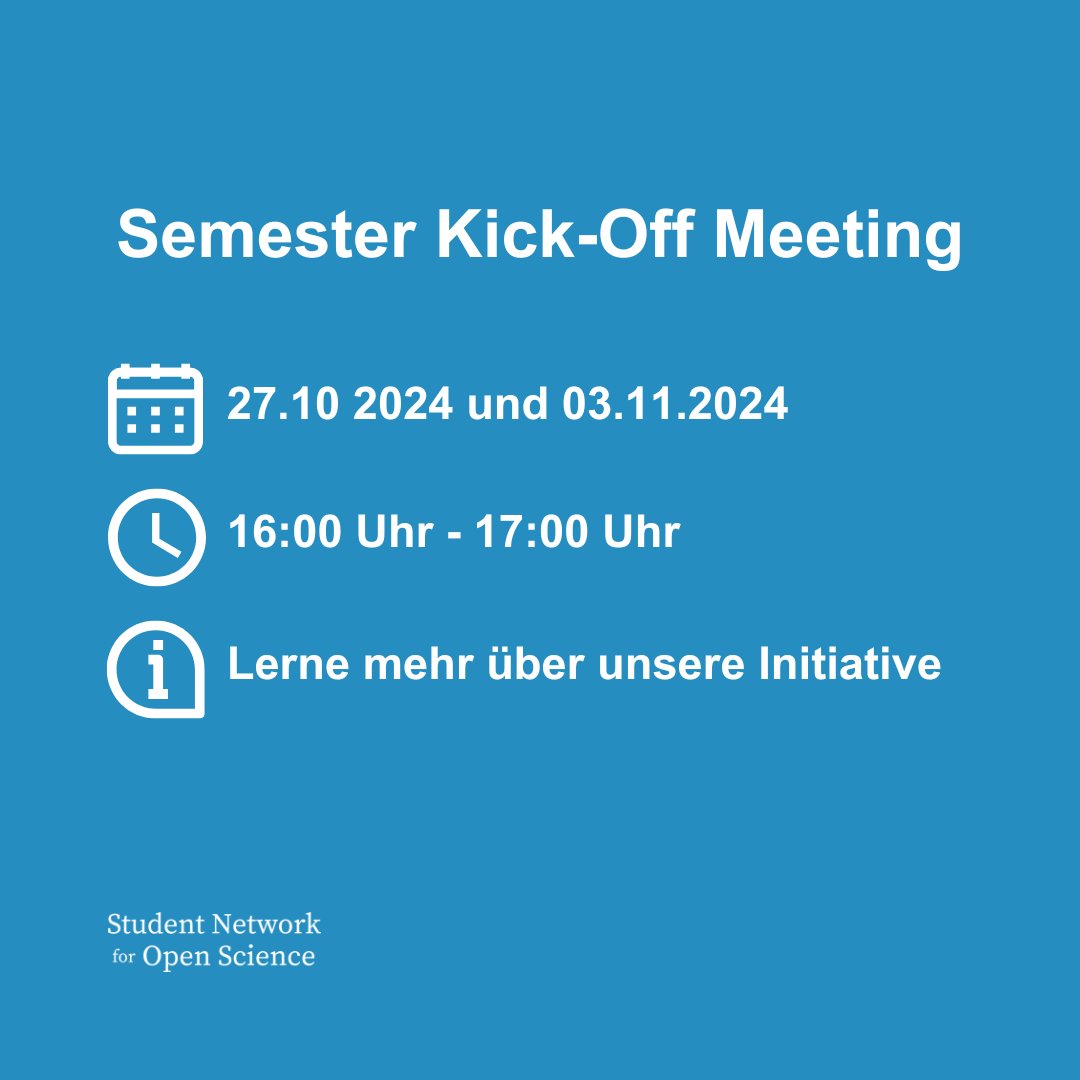Liebe Wissenschaftsbegeisterte,
kommt zum Semester #KickOffMeeting des #StudentNetworkforOpenScience am 27. Oktober oder am 03. November 2024 um 16:00 Uhr online auf MS Teams und werdet dieses Semester aktiv! 💡

📍 Link: tinyurl.com/NOSkickoff