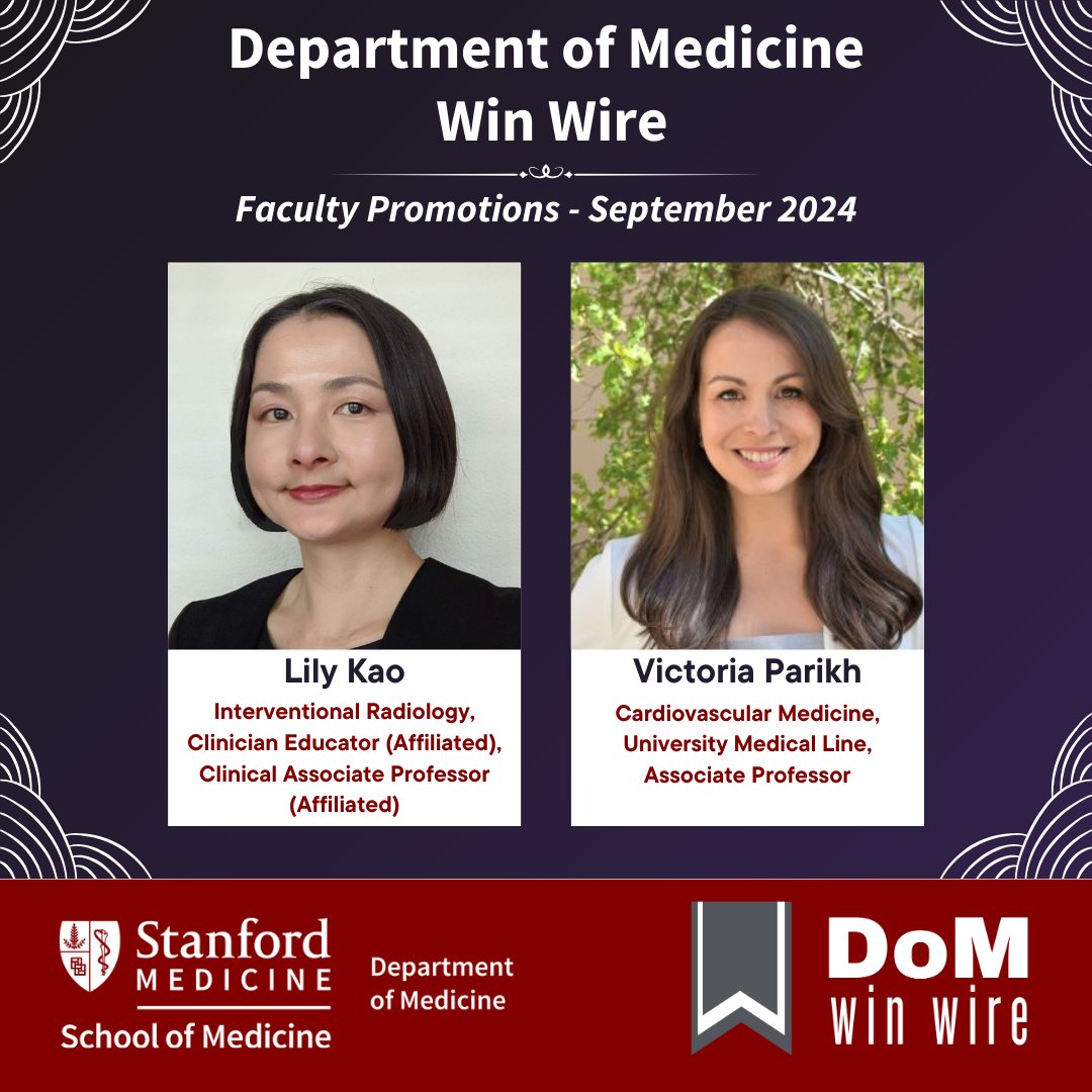 Stanford Department of Medicine (@stanforddeptmed) on Twitter photo We are delighted to share the news of two well-deserved promotions! #StanDOM's <a href="/vnparikh/">Victoria Parikh, MD</a> is now an Associate Professor in Cardiovascular Medicine & Lily Kao is a Clinical Associate Professor (Affiliated) in Interventional Radiology. Congratulations! We are delighted to share the news of two well-deserved promotions! #StanDOM's <a href="/vnparikh/">Victoria Parikh, MD</a> is now an Associate Professor in Cardiovascular Medicine & Lily Kao is a Clinical Associate Professor (Affiliated) in Interventional Radiology. Congratulations!