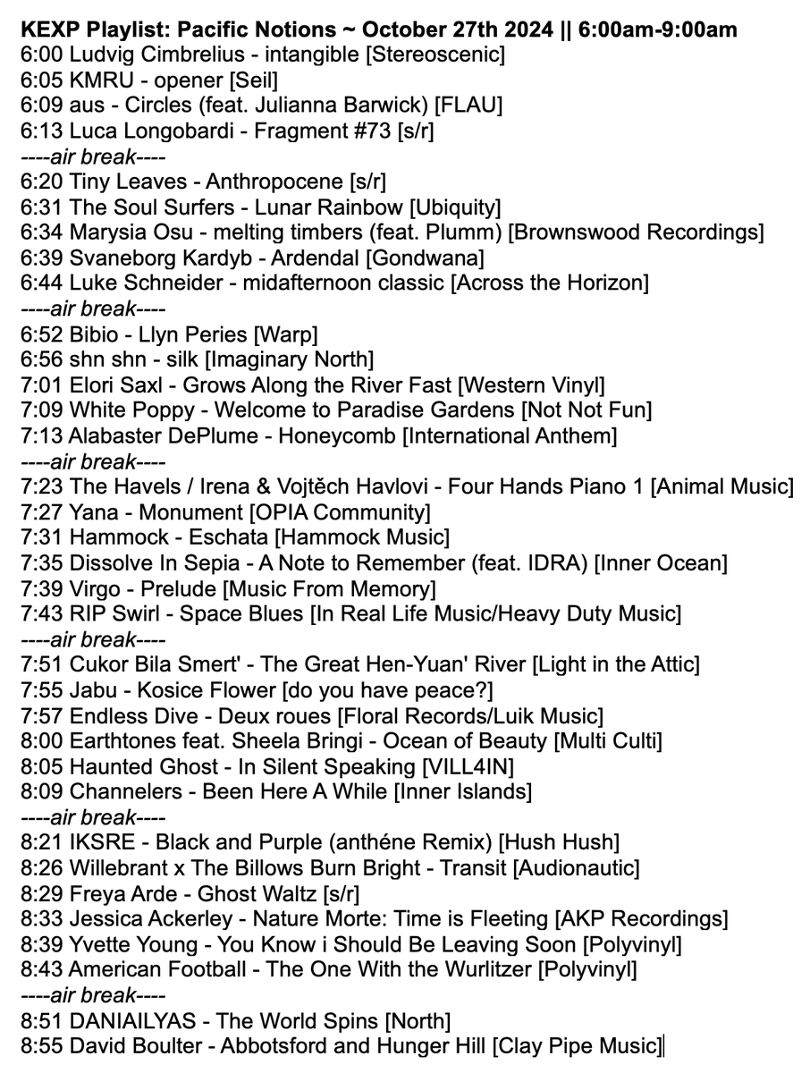 Hush Hush Records (@hushhushrecords) on Twitter photo 'Pacific Notions' ~ Oct 27th 2024 🌊💙
Stream before Nov 10th bit.ly/4f5A0xx, or from the KEXP app 🎧
A weekly 3-hr soundtrack of blissful music. New sounds in this mix via <a href="/MusicFromMemory/">Music From Memory</a> <a href="/brownswood/">Brownswood Recordings</a> <a href="/flaurecords/">FLAU records</a> @seilrecords <a href="/intlanthem/">𝗜𝗻𝘁𝗲𝗿𝗻𝗮𝘁𝗶𝗼𝗻𝗮𝗹 𝗔𝗻𝘁𝗵𝗲𝗺</a> @inner_ocean + more 📻 😌✨ 'Pacific Notions' ~ Oct 27th 2024 🌊💙
Stream before Nov 10th bit.ly/4f5A0xx, or from the KEXP app 🎧
A weekly 3-hr soundtrack of blissful music. New sounds in this mix via <a href="/MusicFromMemory/">Music From Memory</a> <a href="/brownswood/">Brownswood Recordings</a> <a href="/flaurecords/">FLAU records</a> @seilrecords <a href="/intlanthem/">𝗜𝗻𝘁𝗲𝗿𝗻𝗮𝘁𝗶𝗼𝗻𝗮𝗹 𝗔𝗻𝘁𝗵𝗲𝗺</a> @inner_ocean + more 📻 😌✨