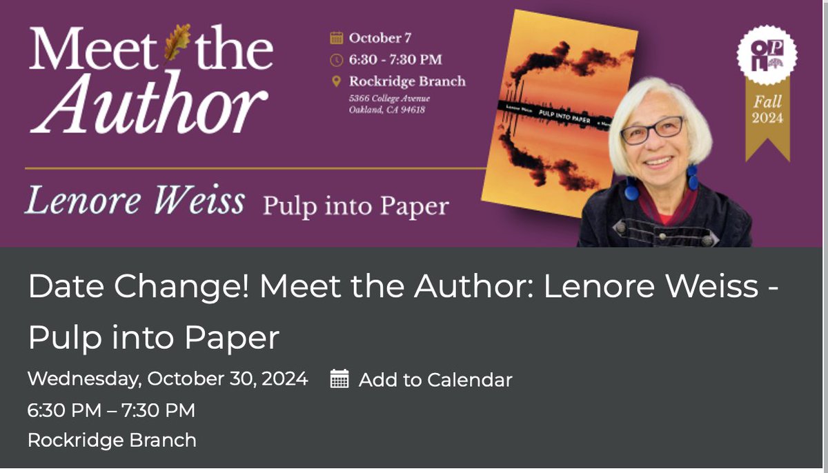 Orange and Black at the Rockridge Branch Library in Oakland (the colors of my book cover, Pulp into Paper), Wednesday October 30, 6:30-7:30pm, discussion and conversation with Tarshel Beards. Address: 5366 College Avenue.

Costume or regular attire are acceptable!