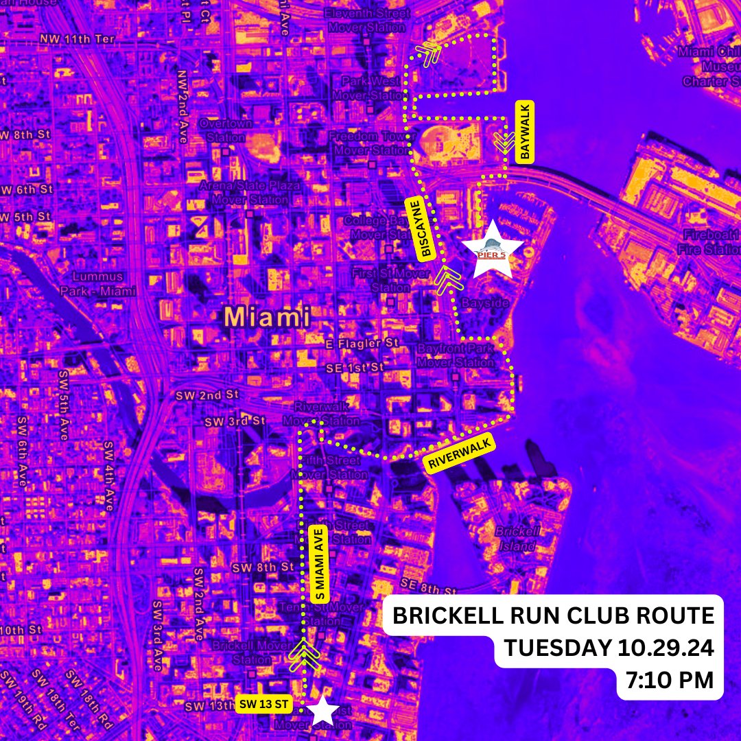 Brickell Run Club Route Update 🚦
Tomorrow, Tuesday, the Brickell Run Club route will start at 1300 Brickell Ave and finish at Bayside’s Pier 5, creating a point-to-point course rather than a loop. Expect brief traffic impacts in the Brickell area from 7:10 p.m. to 7:20 p.m. ⏰