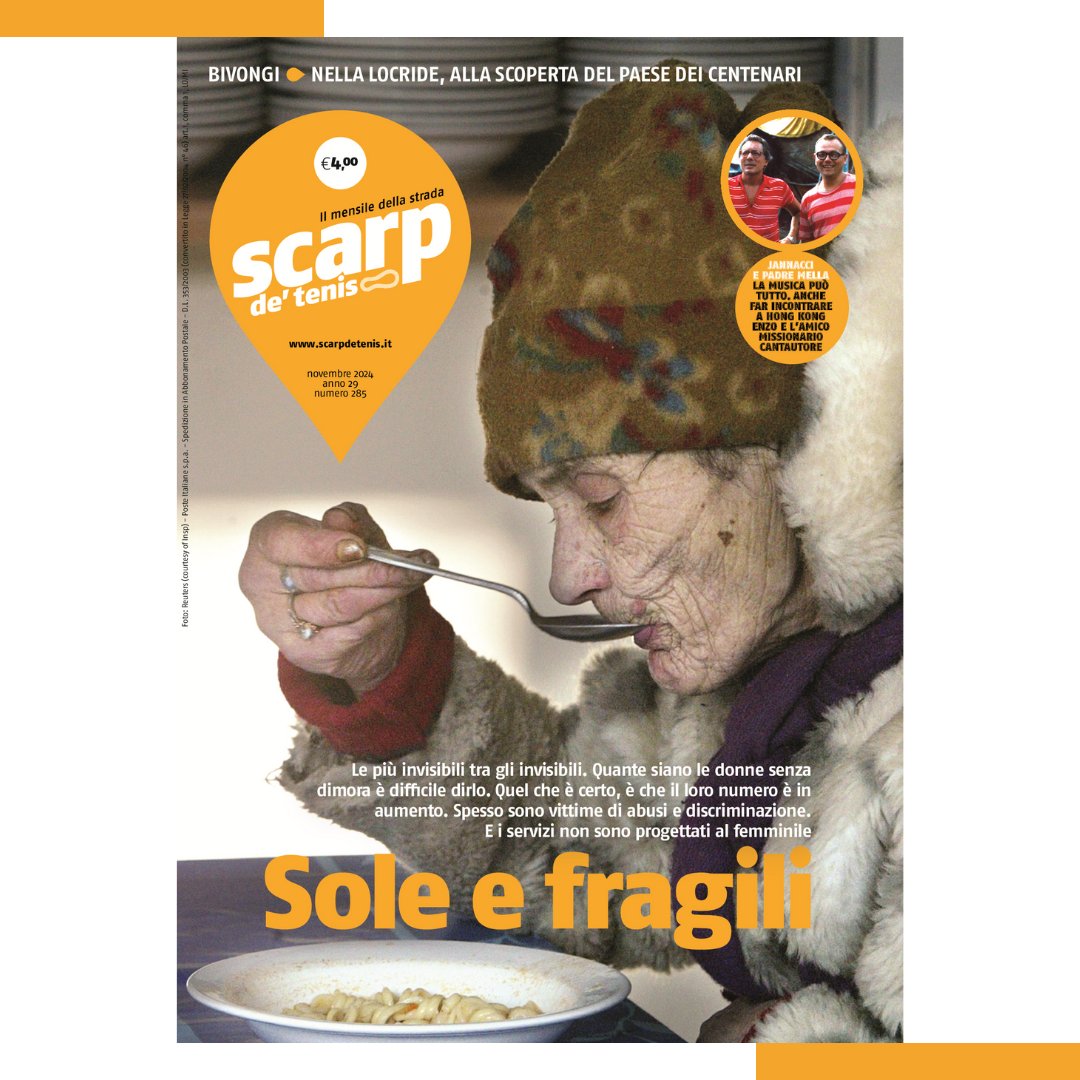 ANTEPRIMA #Donne #homeless: sono in aumento, ma non ci sono quasi servizi per loro.
Poi: Bivongi, nella Locride, il paese dei centenari. 
E l'intervista a padre Mella, missionario amico di Jannacci.
Su <a href="/scarpdetenis/">Scarp de' tenis</a> di novembre, su shop.scarpdetenis.it
e in strada dal weekend