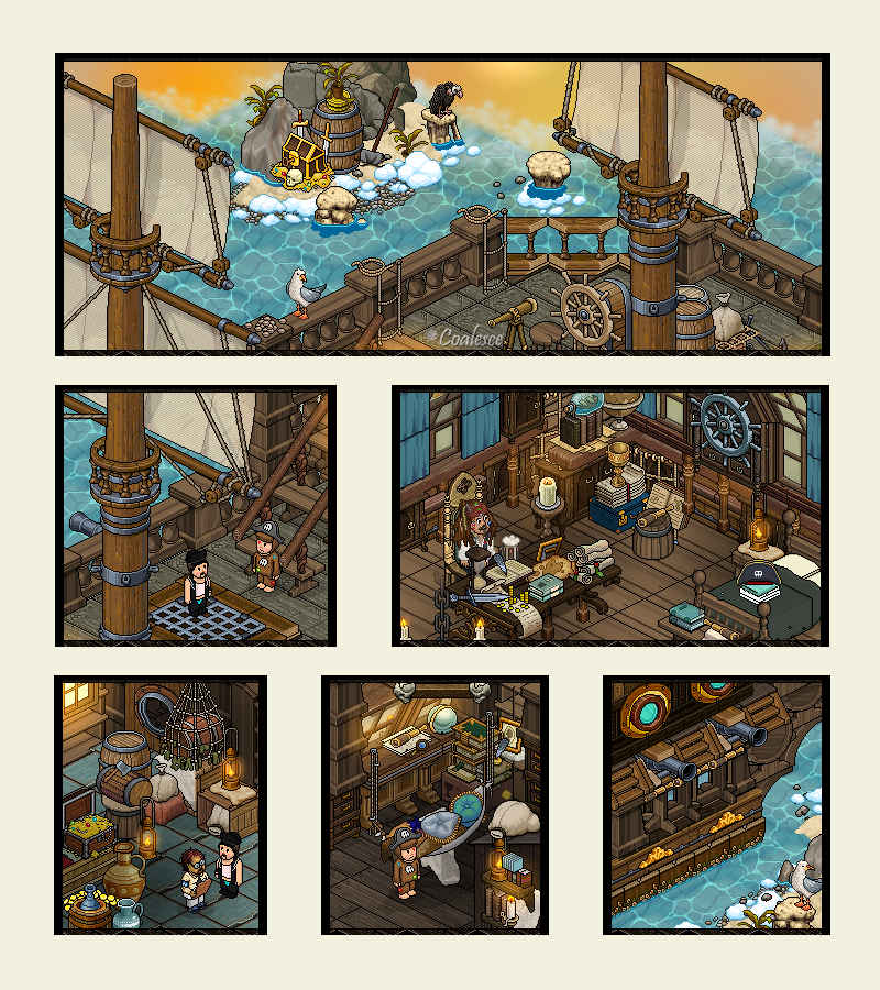 Pirate Ship (Comic Style) 🏴‍☠️🌅
Just felt like using the new habbo origins furniture.

Built on <a href="/habboxfrance/">Habbox</a> 
#retrobuilds