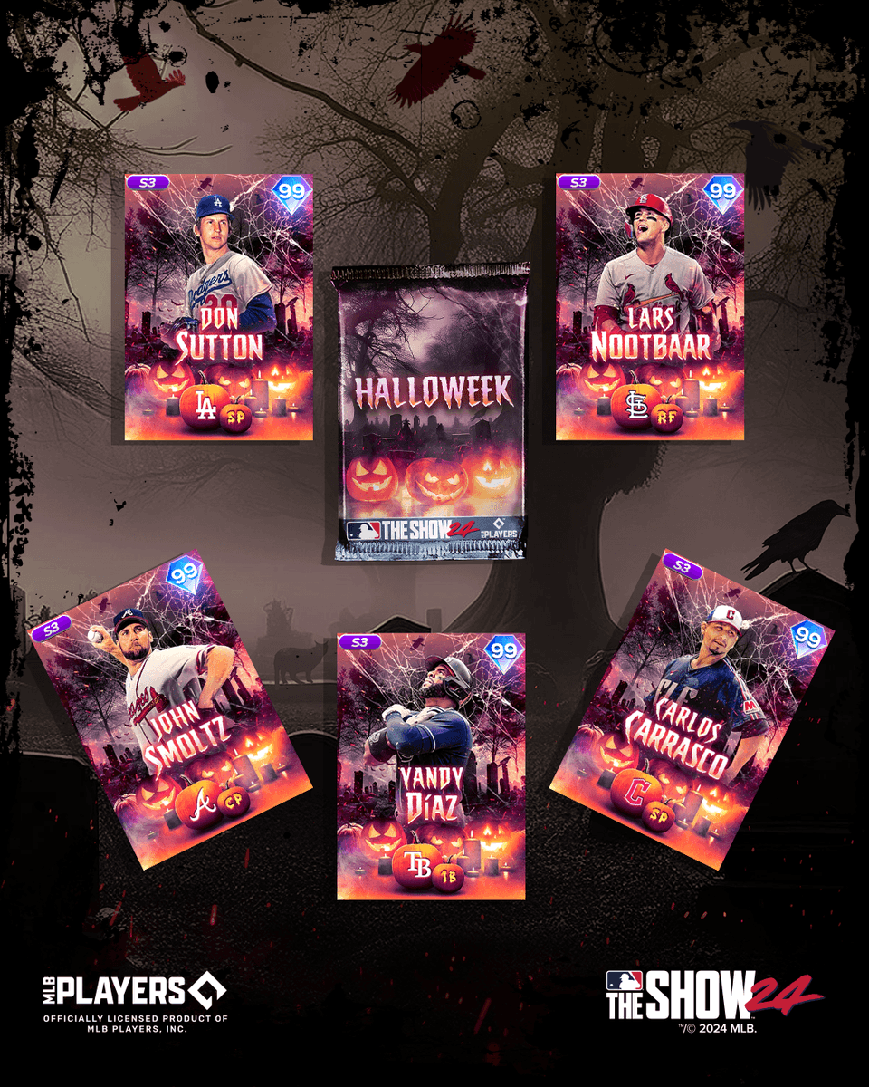 MLBTheShow's tweet image. Find this Halloweek Pack in the #Halloweek Program! 🫣

The Halloweek Pack is your shot at even more scary players you can add to your squad to terrify your opponents!

🎃 Yandy Díaz
🎃 Lars Nootbar
🎃 Carlos Carrasco
🎃 Don Sutton
🎃 John Smoltz

#MLBTheShow
