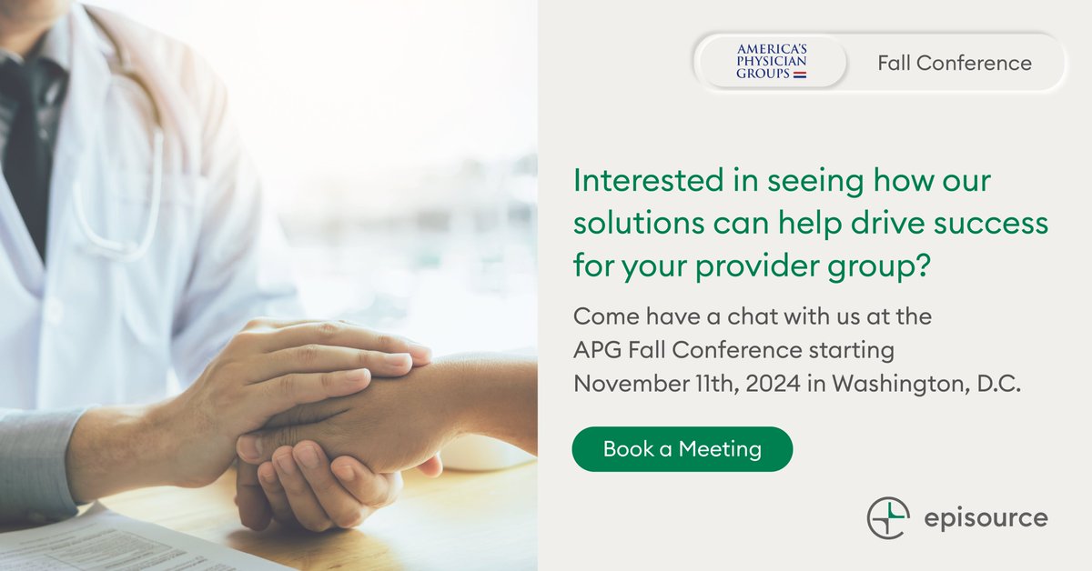 EpisourceLLC's tweet photo. We're excited to announce that we’ll be at the @AmerPhysGrps conference this November! Visit our booth to see how we’re addressing pressures on the healthcare workforce. https://t.co/IPrCSE5Khq

📆Mark your calendar: November 11 – 13, 2024
📍Location: Grand Hyatt, Washington, DC https://t.co/MjZJshGSXr