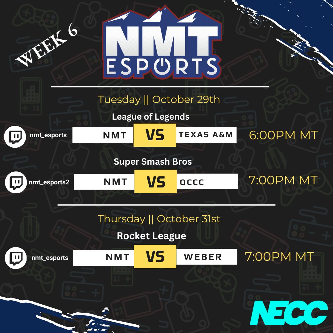 twitch.tv/nmt_esports
twitch.tv/nmt_esports2
*Times subject to change*