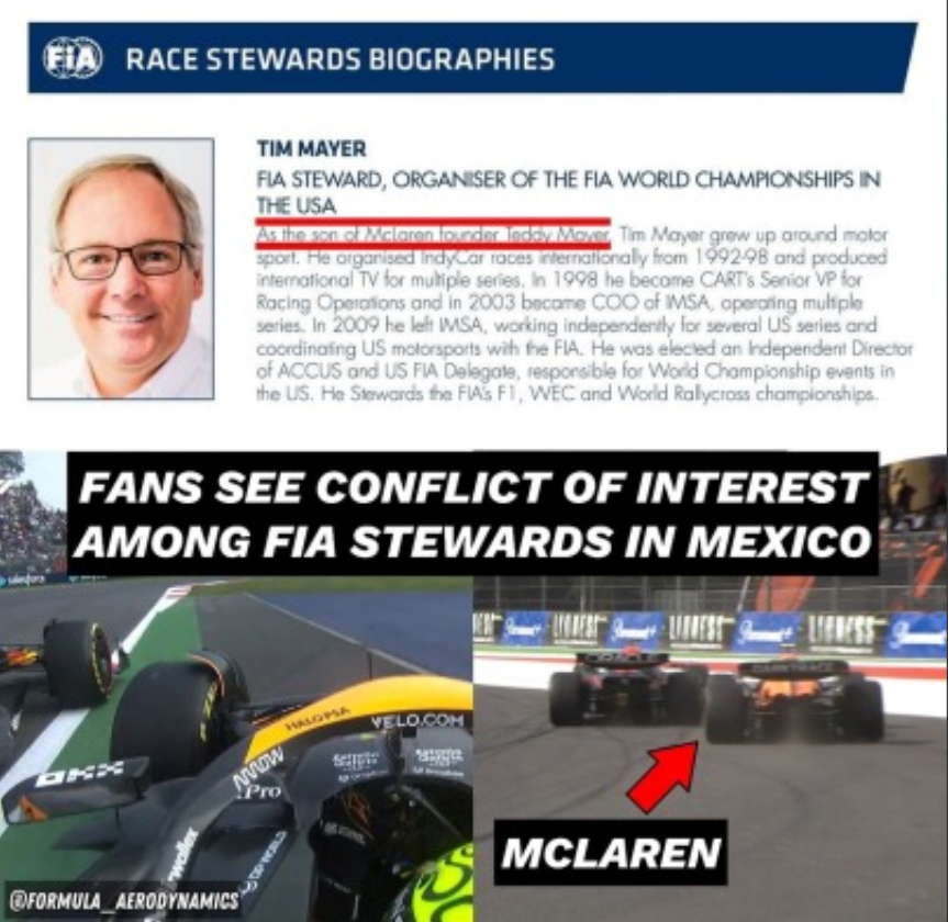 How can drivers be expected to follow the rules when the stewards themselves don't? How can drivers have confidence in a system where the FIA appoints stewards with clear biases?

Pic 1: Head steward Tim Mayer, McLaren's founder's son, was yelling at Wheatley because Max