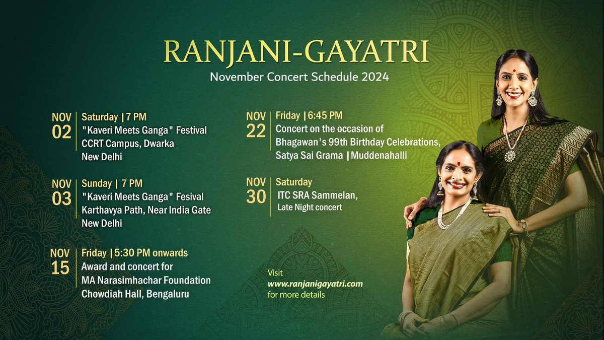 ranjanigayatri's tweet photo. Sharing our November concert schedule. Concerts in Delhi, Bengaluru, Muddenahalli and Kolkata! For more details, please visit our website schedule page at https://t.co/oHSJeKNgGF
#concertschedule #ranjinigayathri #RanjaniGayatri #RaGa #november #Bengaluru #kolkata #delhi #muddenahalli