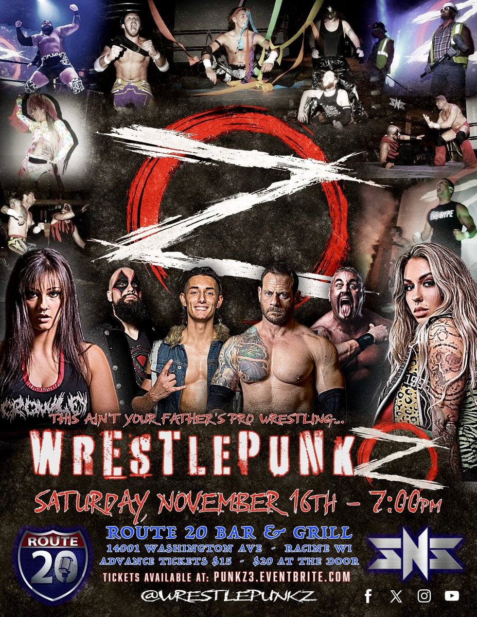JUST A FEW SHORT WEEKS TO GO until the 3rd chapter of #WRESTLEPUNKZ live at the #Route20 concert hall in Racine! 

Get tickets now:  PUNKZ3.EventBrite.com
Join the Event:  WRESTLEPUNKZ 3
IG &amp; X: @Wrestlepunkz