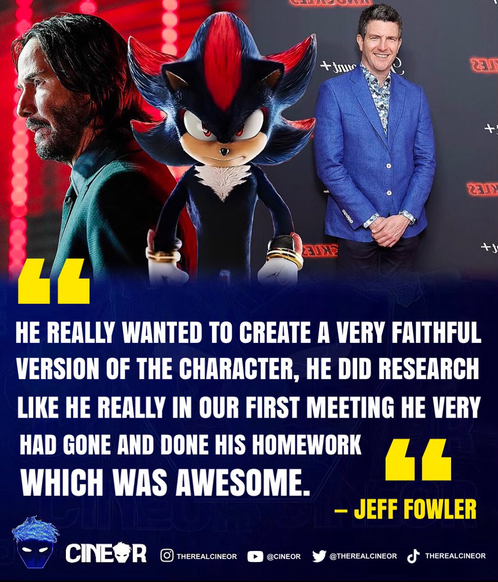 therealcineor's tweet image. After Jeff Fowler (@fowltown had a Q&amp;amp;A meeting on Twitch with @SonicRevolt recently, I couldn’t be happier with the choice they made with having Keanu Reeves, the voice actor for Shadow in #SonicMovie3. He really is a national treasure. #sonic3 
Thank you!! @SonicMovie 🥹💙🦔🙌🙏🏻
