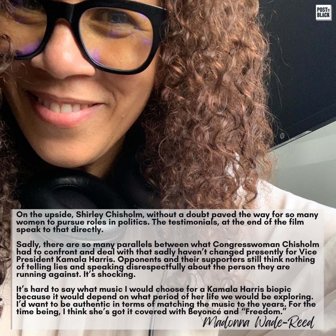 postinblack's tweet image. We caught up with season 3 guest, award-winning Madonna Wade-Reed, music supervisor of the biopic, Shirley, to ask her thoughts on VP @KamalaHarris being a part of Shirley Chisholm&apos;s legacy, the parallels that exist and what song she would include in a Kamala Harris biopic.