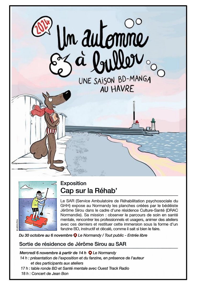 HopitalduHavre's tweet photo. Exposition "Cap sur la Réhab’" notre Service Ambulatoire de Réhabilitation psychosociale (SAR), en collaboration avec le Jérôme Sirou, vous invite à découvrir une exposition unique au  Normandy du 30 octobre au 6 novembre ! Entrée libre 👍 En savoir + https://t.co/tZfG1HeHYy https://t.co/n4WMzSvHAi