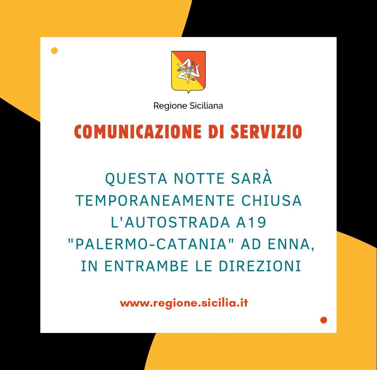 Questa notte l'autostrada A19 Palermo-Catania sarà chiusa temporaneamente in entrambe le direzioni all'altezza di Enna per i lavori di demolizione della campata numero 7 del sovrappasso in prossimità dello svincolo di Enna. La chiusura avverrà dalle 22 di oggi alle 6 di domani.