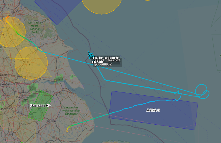 Andyyyyrrrr's tweet photo. 16:42 RIGID (??) flt x2(?) RAF Eurofighter Typhoon's
Working for what looks to be a EXERCISE #QRA with a Draken Aviation Falcon 20D.
#FRA90 Tail : G-FFRA
#Q0000001 Tail : ???
#Q0000002 Tail : #ZK437 https://t.co/kMseI5A7QI