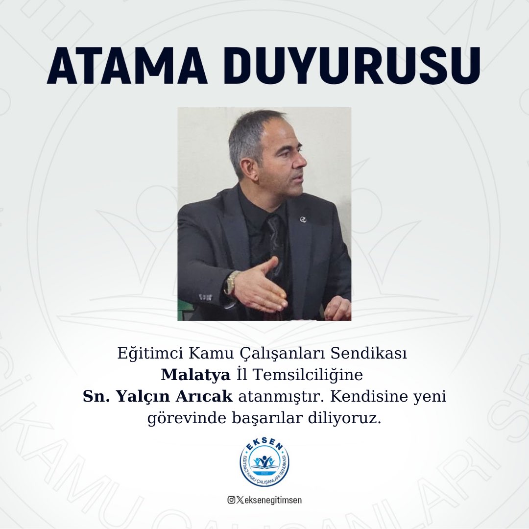 Eğitimci Kamu Çalışanları Sendikası’nın Malatya İl Temsilciliğine yeniden Sn. Yalçın Arıcak (<a href="/YalnArcak1/">Yalçın Arıcak</a> ) atanmıştır. Kendisine görevinde başarılar diliyoruz.