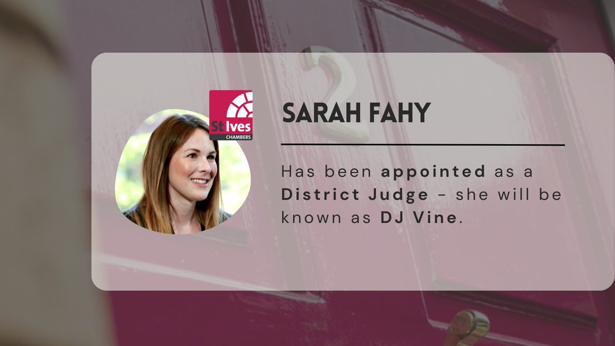 We are delighted to announce that Sarah Fahy has been appointed as a District Judge.
She will be known as DJ Vine.
For further information and to view Sarah’s profile please visit: ow.ly/CYLB50TUHmb