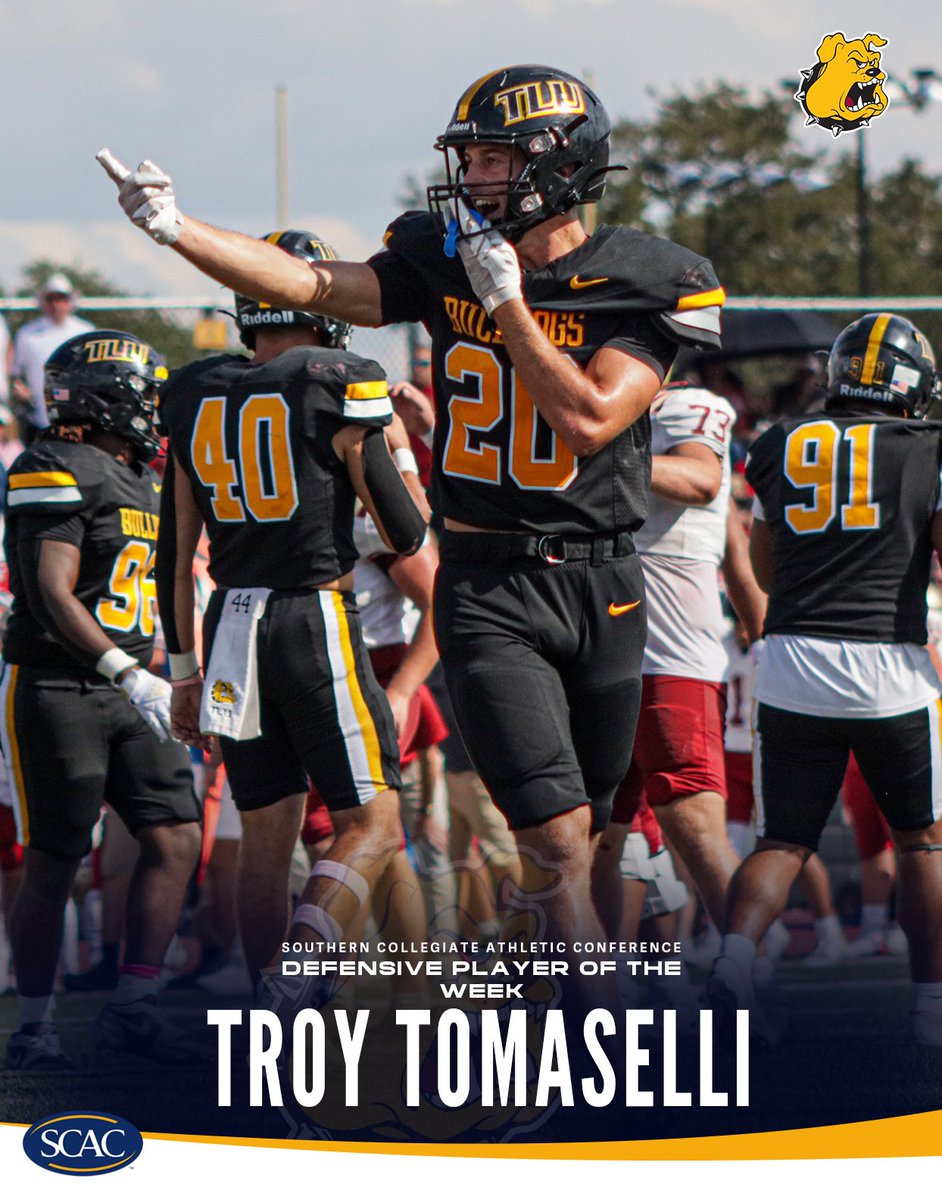 SCAC (@scac_sports) on Twitter photo Troy Tomaselli of <a href="/tluathletics/">TLU Bulldogs</a> collects his SECOND #SCACFb Defensive Player of the Week honor this year!🏈
📰| shorturl.at/5S2CD
#SCACPride | #d3fb | #WhyD3 | #SCAC Troy Tomaselli of <a href="/tluathletics/">TLU Bulldogs</a> collects his SECOND #SCACFb Defensive Player of the Week honor this year!🏈
📰| shorturl.at/5S2CD
#SCACPride | #d3fb | #WhyD3 | #SCAC