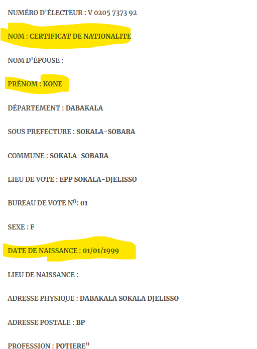 KobresTchele's tweet photo. Les irrégularités de l'Etat Civil 
Nom : Certificat de Nationalité 
Prénom : KONE 

Date de naissance : 01/01/1999 
2000 : 1 an 
2010 : 11 ans 
2015 : 16 ans 
2020 : 21 ans 
2024 : 25 ans 

On pourra donc nous dire qu'en 2010 des enfants de 11 ans se sont inscrit sur la liste électorale !
