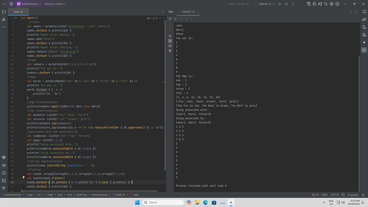 notprithviraj's tweet photo. Day 11 of my Kotlin learning journey: Explored collections (Lists, Sets, Maps), transformations like map and associateWith, and learned about zip, joinToString, and flatten. Kotlin collections make data handling so much cleaner! #Kotlin #AndroidDevelopment  #DevJourney https://t.co/IfXk8JJbuh