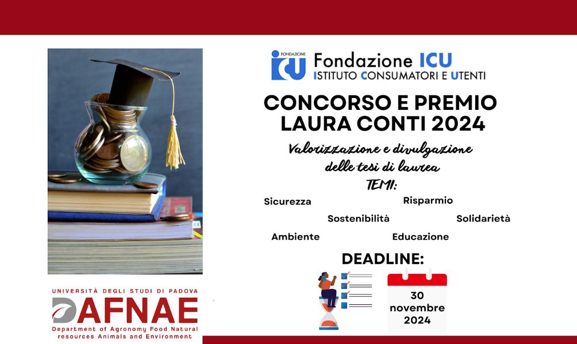 📢🎓25° PREMIO LAURA CONTI PER TESI DI LAUREA
Partecipate al Concorso e Premio Laura Conti, inviando il modulo di partecipazione on-line entro il 30 Novembre 2024. Tutte le informazioni si trovano nel bando e nei siti: ecoistitto-italia.com e fondazioneicu.org