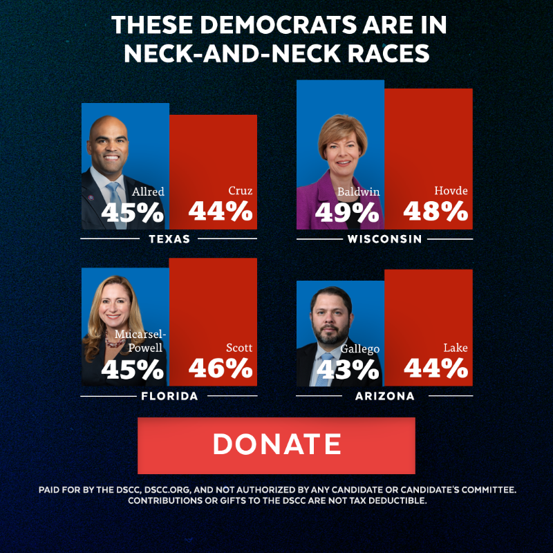 dscc's tweet photo. ⚠️ATTENTION: These Democrats need our help!

>>> DONATE NOW to the DSCC’s critical $50,000 goal before midnight to help them win their races and defend our Senate majority!