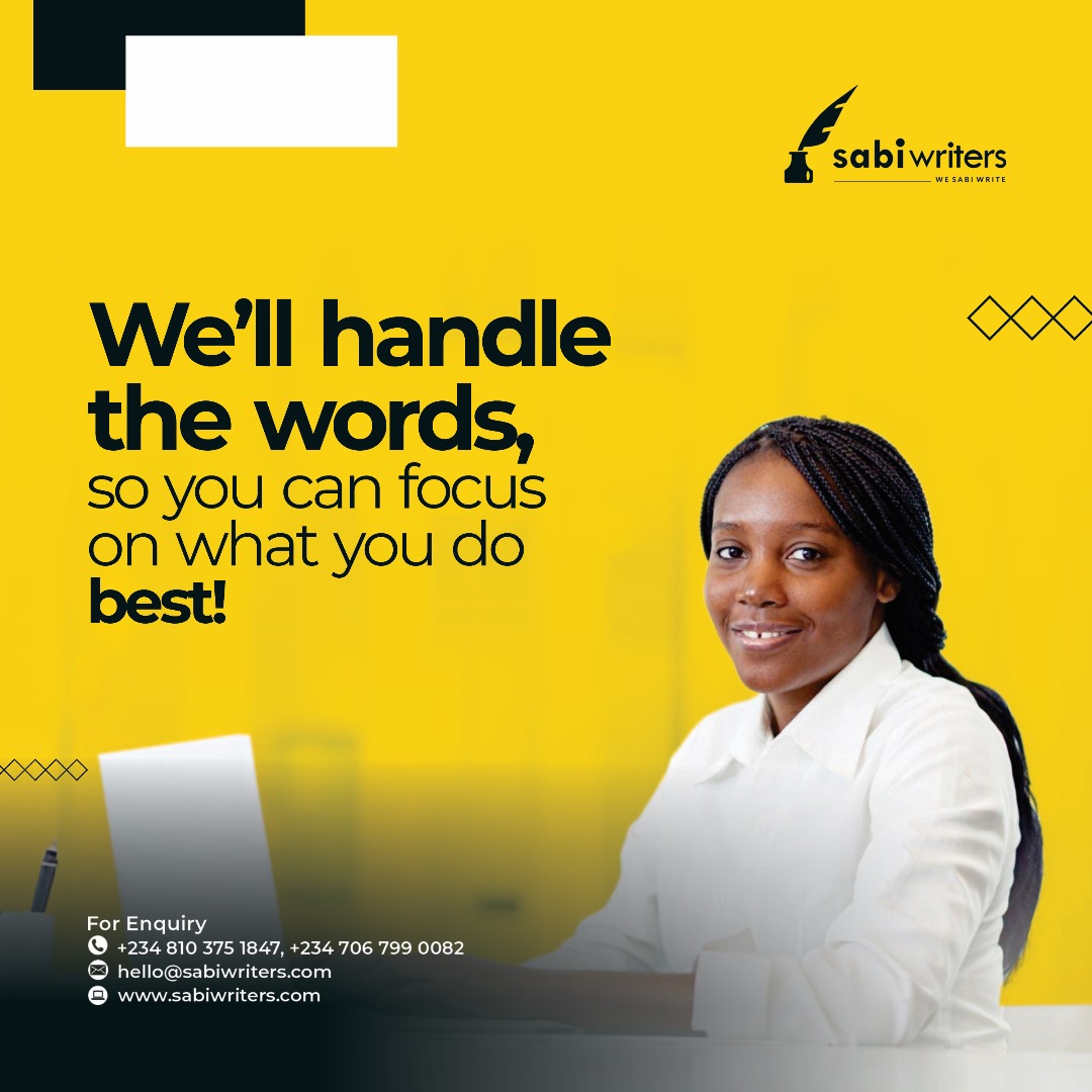 sabiwriters's tweet photo. Struggling to balance your writing needs and other tasks?
We handle your writing, and you can channel your energy to other tasks.
We are Sabi Writers, We sabi write.
#sabiwriters #wesabiwrite #writing #writingneeds #businesswriting https://t.co/DVB1mJZZ7x