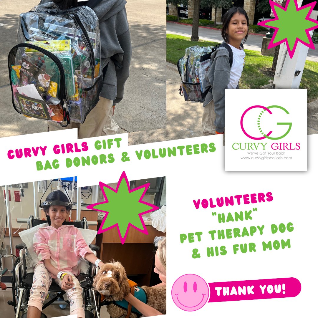 We're so grateful for the incredible support Monica has received while undergoing complex spine care. Huge thanks to #CurvyGirls for donating an amazing gift bag filled with fun activities and to volunteers like "Hank" the pet therapy dog for bringing #positivity and #comfort!