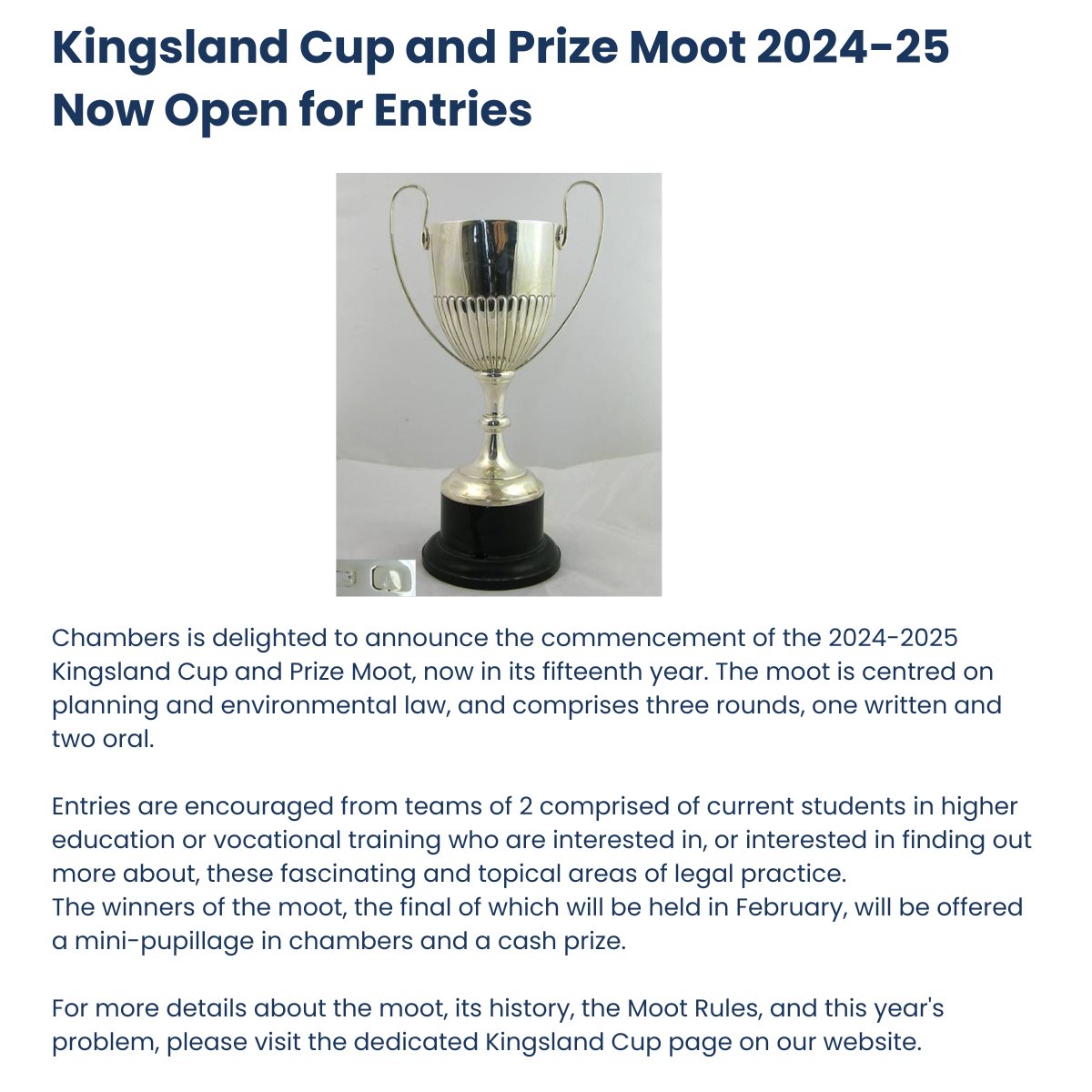 FTB_law's tweet photo. Delighted to announce the start of the 24/25 Kingsland Cup and Prize Moot. 
For more details about the moot, eligibility, its history, the Moot Rules, and this year's problem, please visit the dedicated Kingsland Cup page: Kingsland Cup and Prize Moot | FTB Chambers
#moots https://t.co/k4Vs41HqXp