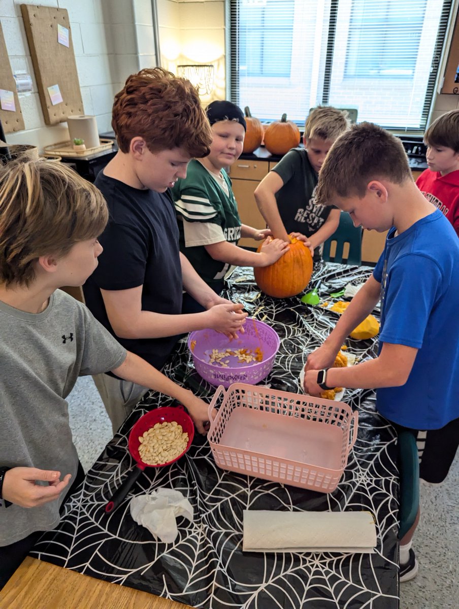 The students in Mrs. Sharrock's FACS classes carved pumpkins using what they have learned about kitchen and knife safety. They will be roasting the pumpkin seeds in the air fryers using what they have learned about food safety.