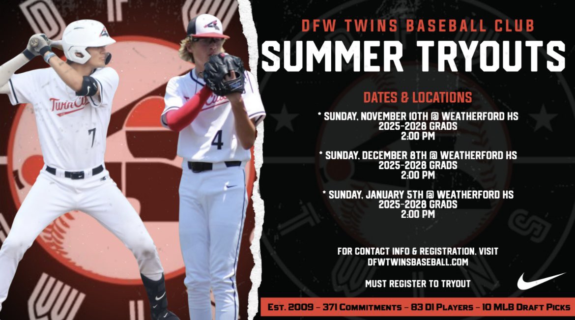 🔴 Summer ‘25 Tryouts  ⚫️

Registration @ dfwtwinsbaseball.com/registration

#Twinsup