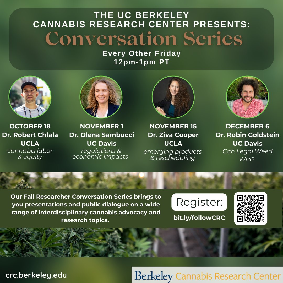 Over the past several years, numerous researchers have studied various aspects of California cannabis and we will be hearing from them! We have several experts speaking on topics germane to the CRC.

Register for our upcoming events here: bit.ly/followCRC