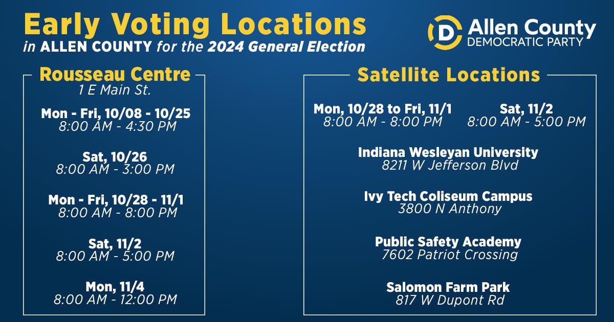 🚨 ALL EARLY VOTING LOCATIONS ARE OPEN 🚨

Satellite locations are now open! Already voted? Sign up for a GOTV shift, and help us WIN on Election Day! #AllenCountyDems 

GOTV Canvassing 👋🚪⬇️ mobilize.us/allencountydem…

GOTV Phone Banking 🗣📞⬇️ mobilize.us/allencountydem…