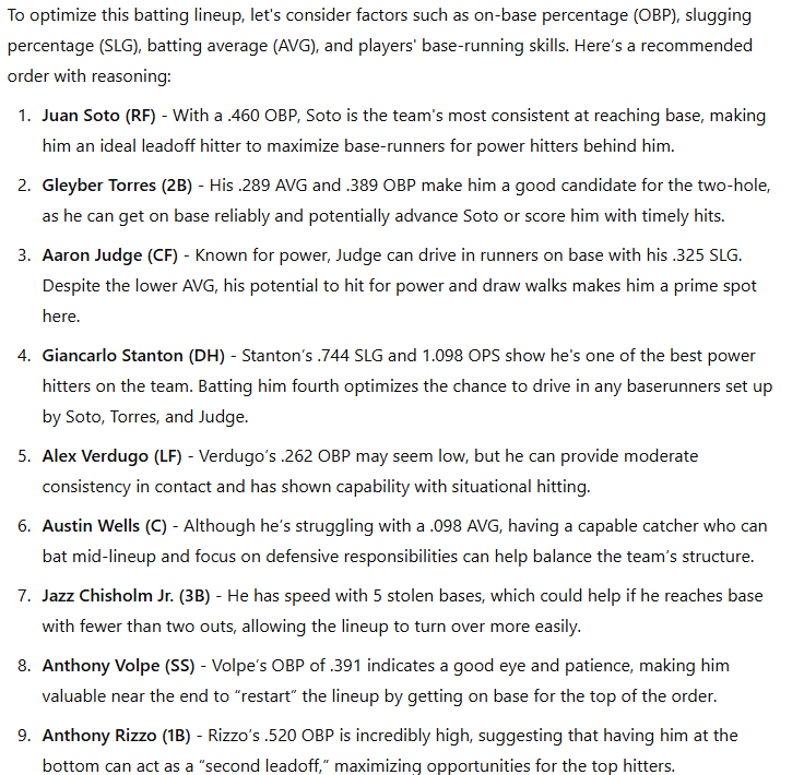 Here is what Chatgpt says an optimized lineup would be tonight. What are your thoughts <a href="/TalkinYanks/">Talkin' Yanks</a> <a href="/Jomboy_/">Jomboy</a> #yankees #WorldSeries2024